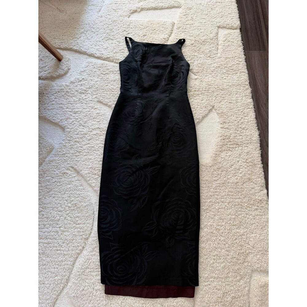 VTG 90s A-List by Wrapper Black Rose Jacquard Maxi Dress 3 Burgundy Lining Goth